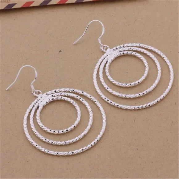 Gorgeous 3 Circles Hanging Earrings, Solid Sterling Silver "Hypoallergenic" - Picture 2 of 9